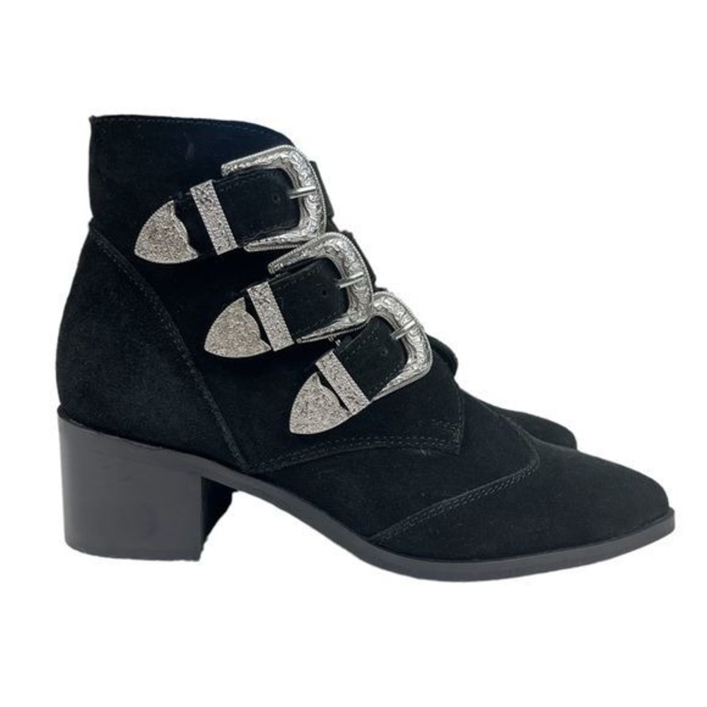 ASOS Boots Womens Size 6‎ Three Bucke Black Faux Suede Side Zip Ankle Bootie